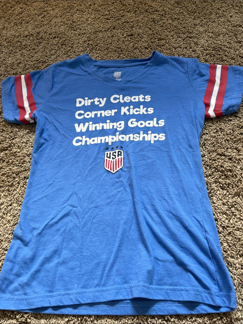 Active USA Blue Kids Soccer Tee with Red and White Sleeve Stripes